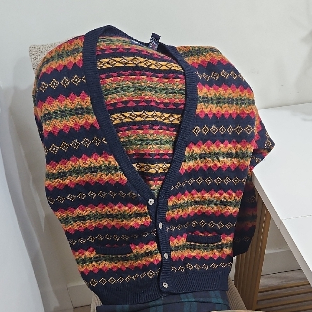 Mens Med - Gap Fair Isle Aztec 100% Wool Patterned Men's Sweater Cardigan